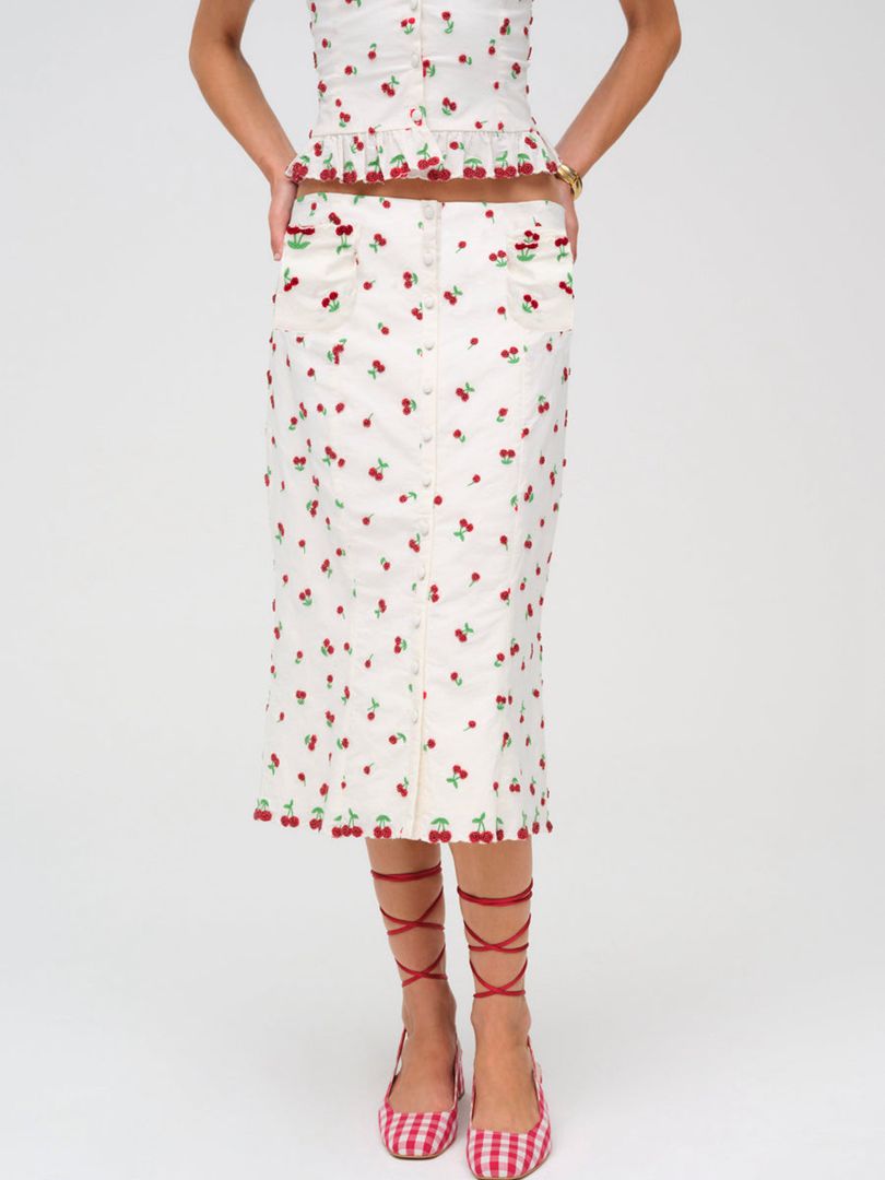 White For Love & Lemons Beaded Cherries Midi Skirt | US-AVBS25041