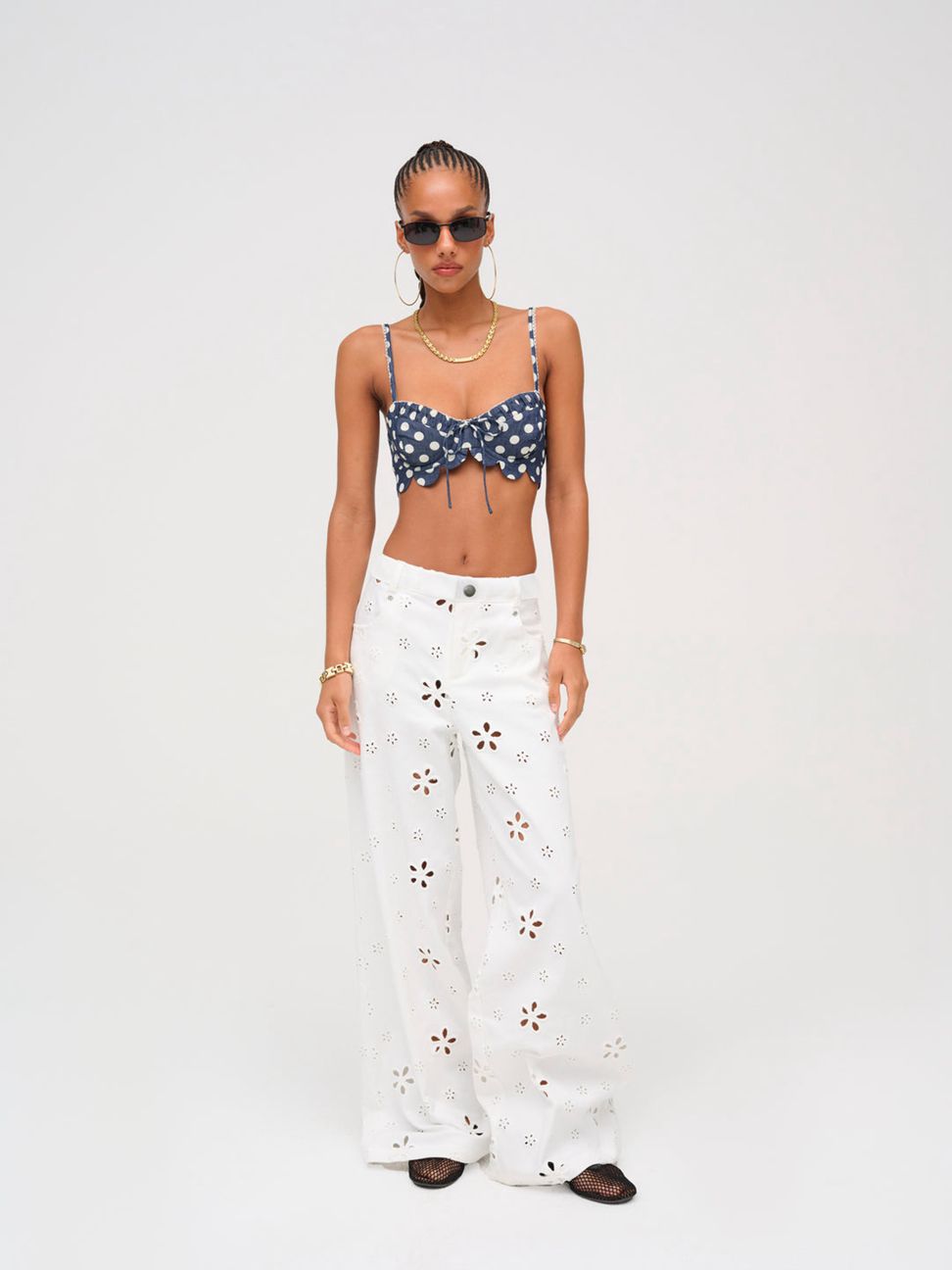 White For Love & Lemons Daisy Eyelet Baggy Jeans | US-ZMXL69874